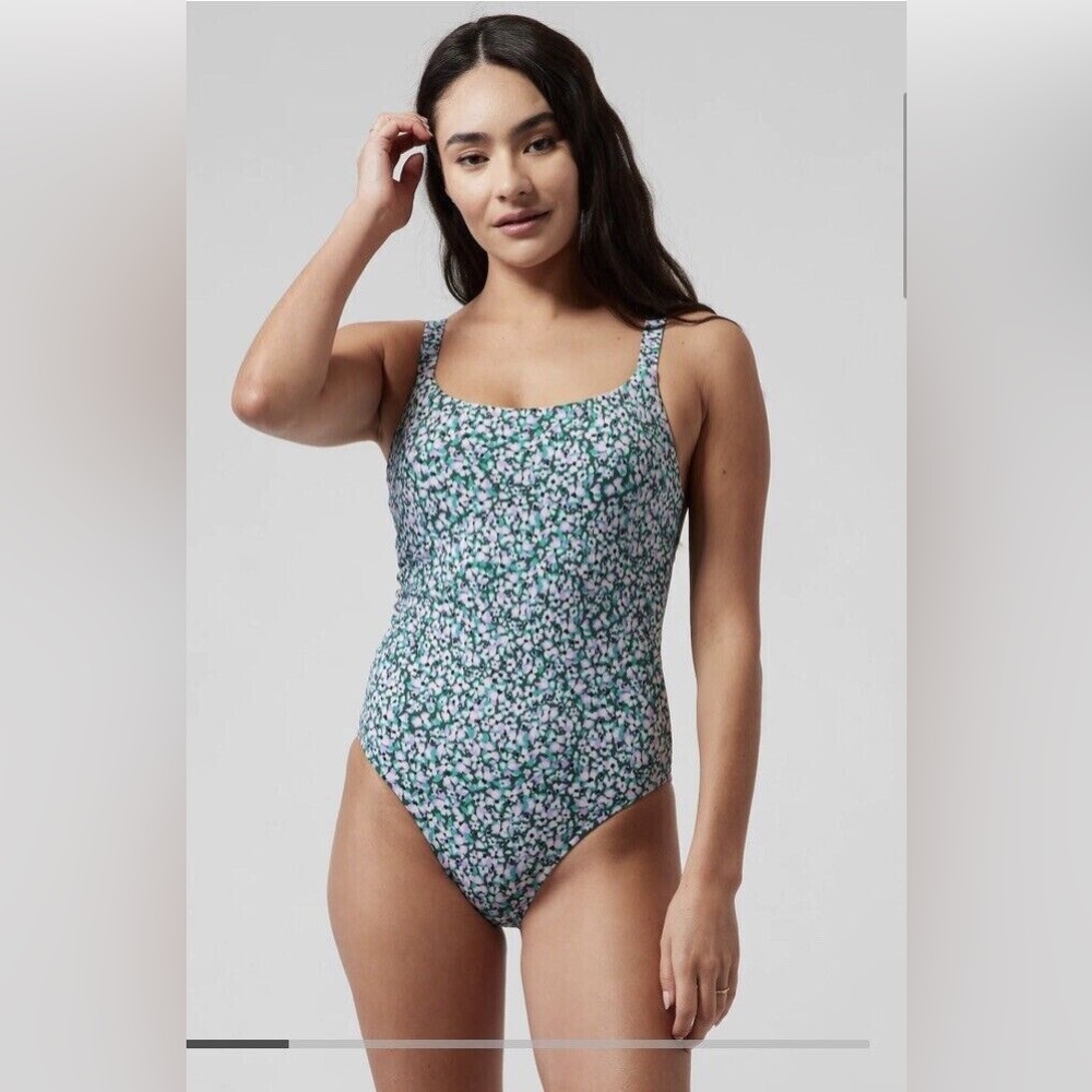 Athleta Womens XS Hermosa Ditsy Floral One Piece Swimsuit Green Purple Lined